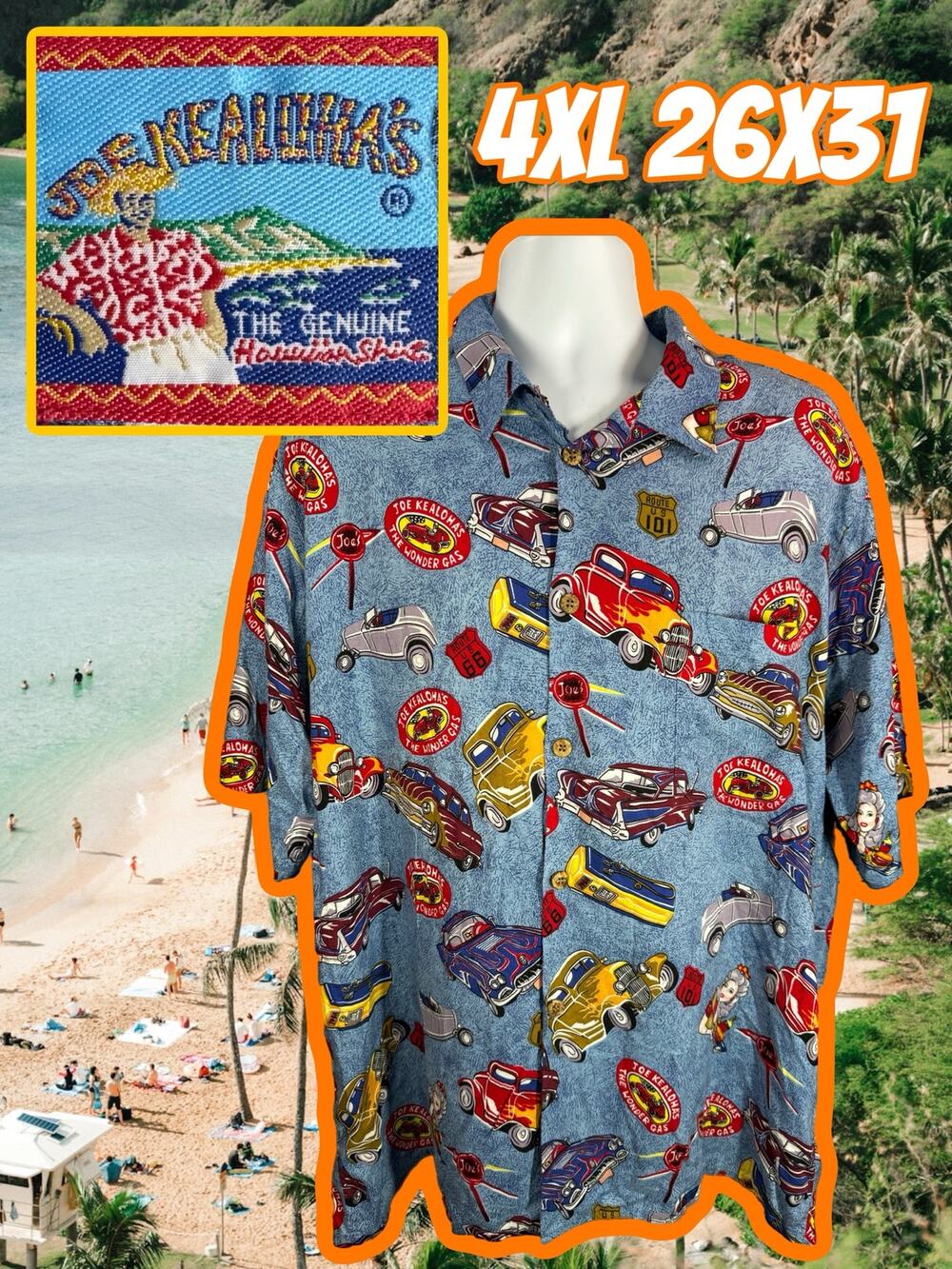 Joe Kealoha Hawaiian Blue Shirt Size XL 24x31 The Wonder Gas Race Cars
